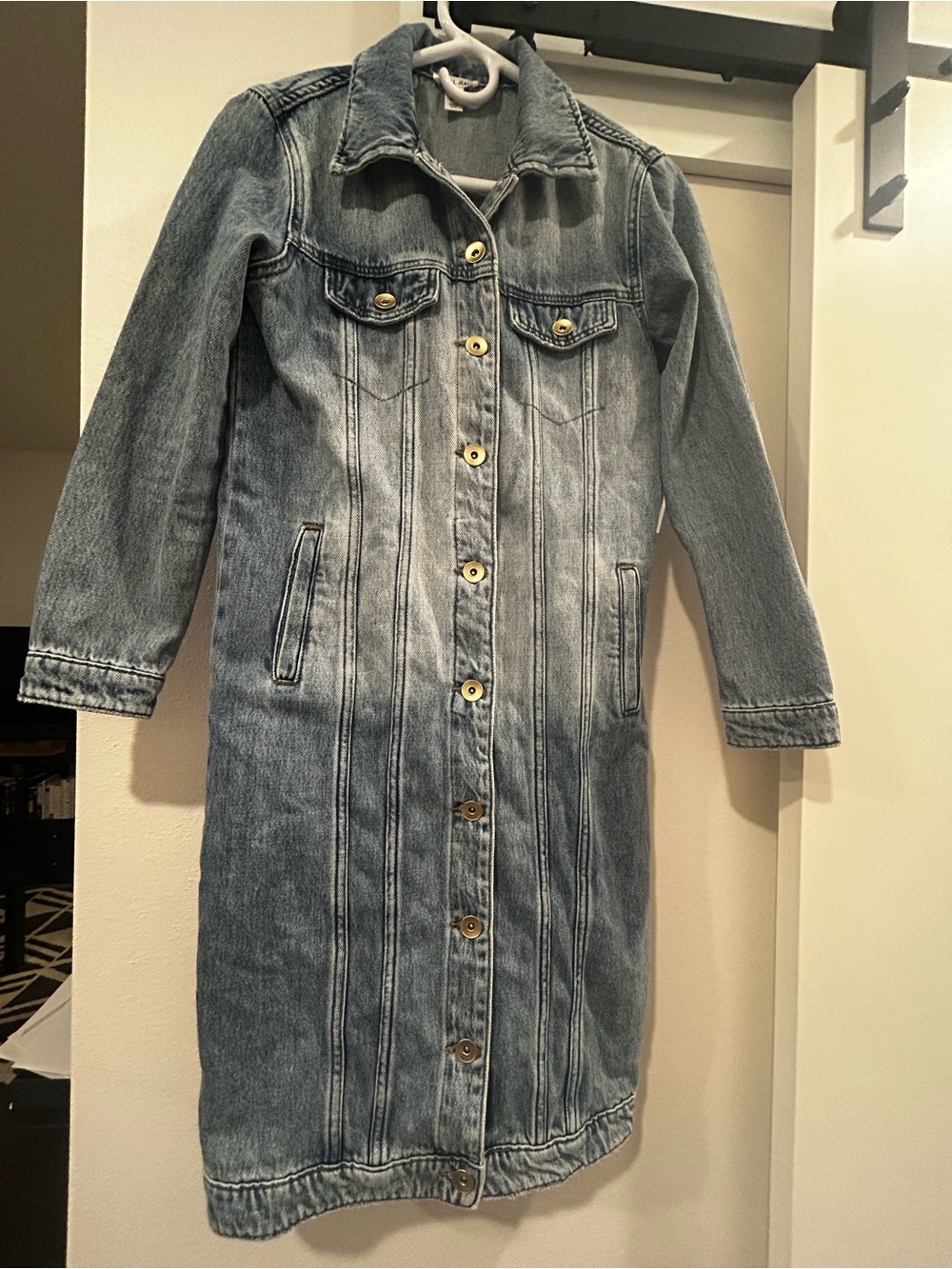 Long Button-Front Denim Jacket - Light Blue Wash